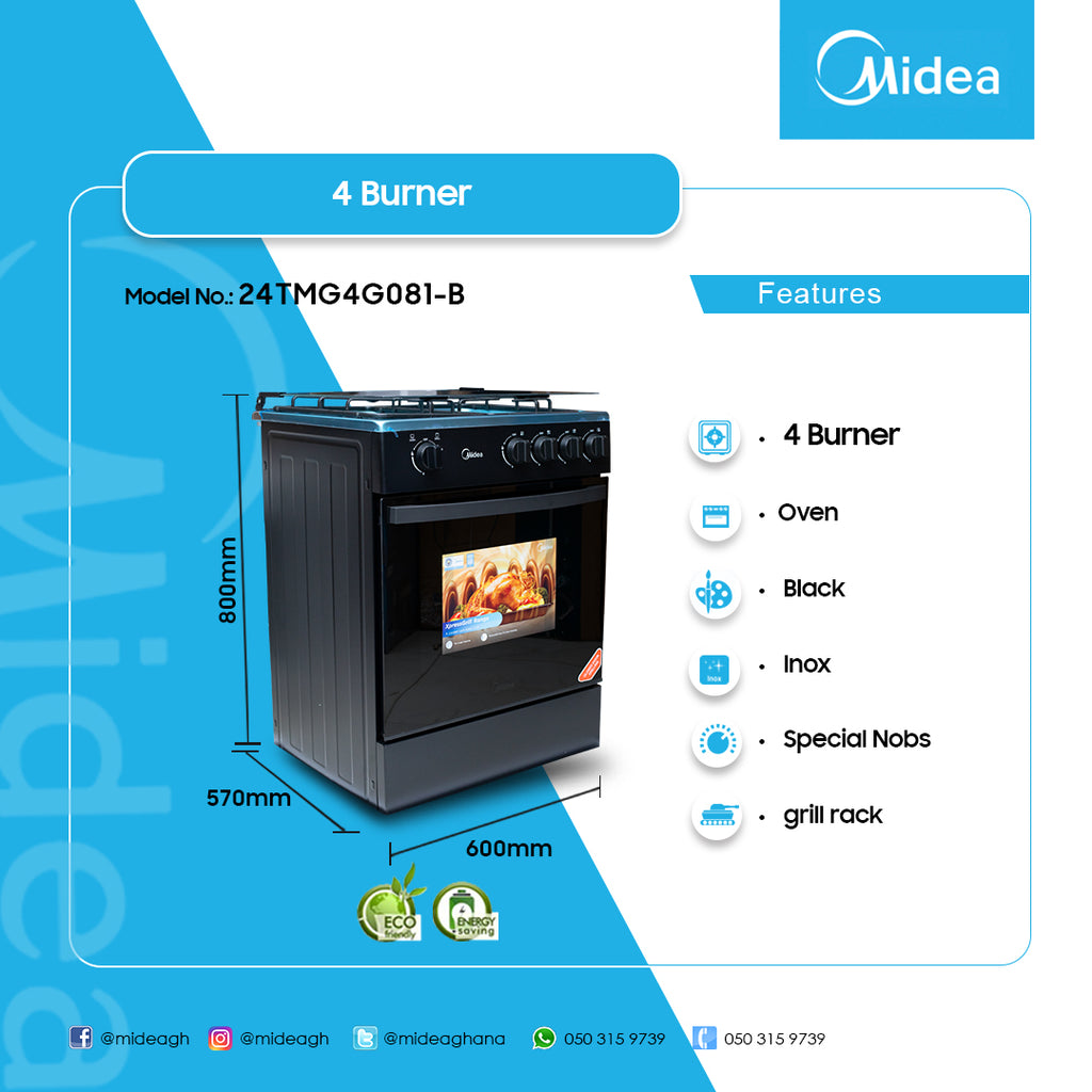 Midea 60 x 60 cm 4-Burner Gas Cooker with Grill – Model 24TMG4G081-B – view 2
