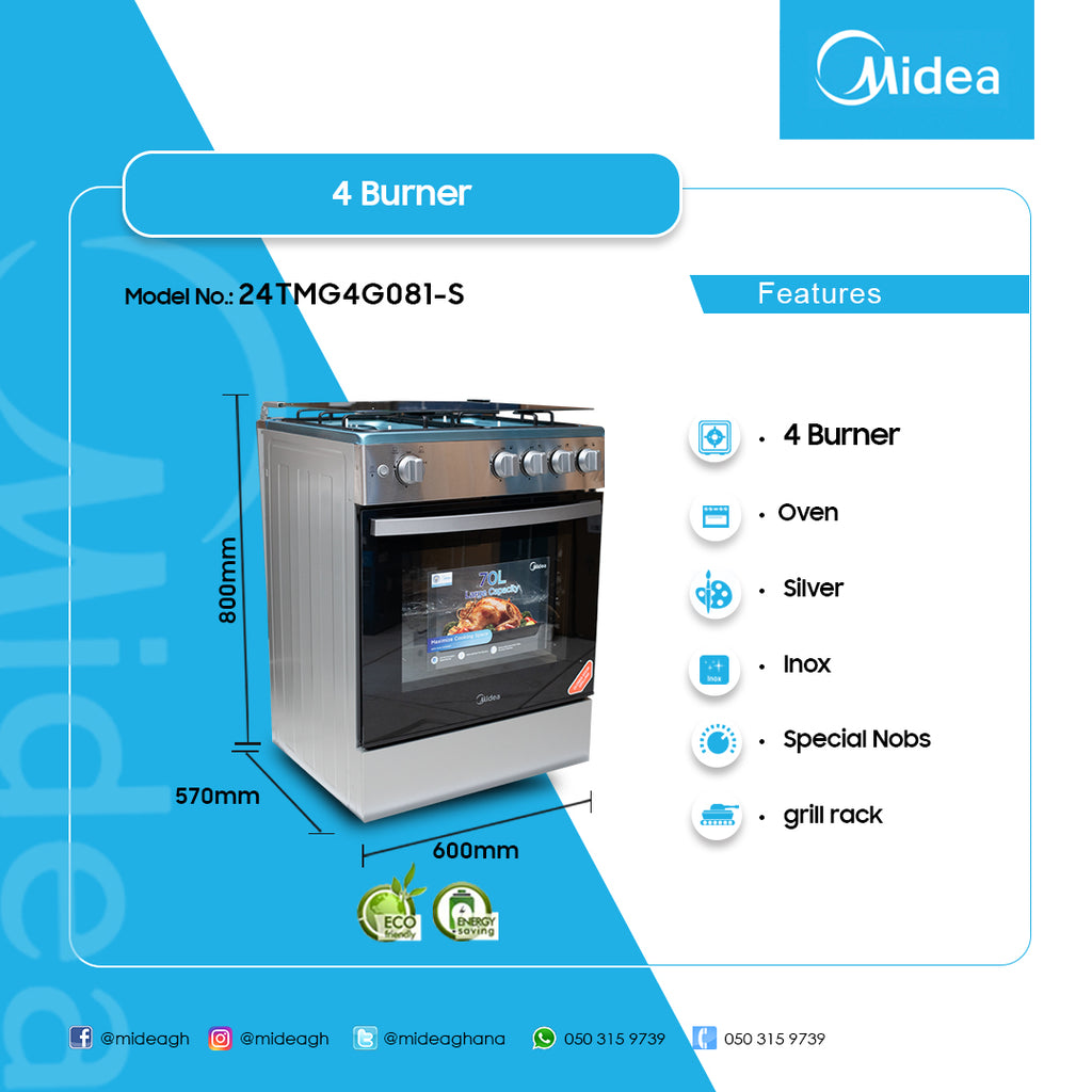 Midea 60 x 60 cm 4-Burner Gas Cooker with Grill – Model 24TMG4G081-S – view 2