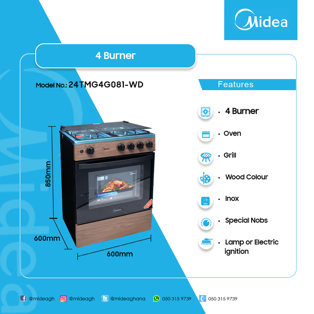 Midea 60 x 60 cm 4-Burner Gas Cooker with Grill – Model 24TMG4G081-WD – view 2