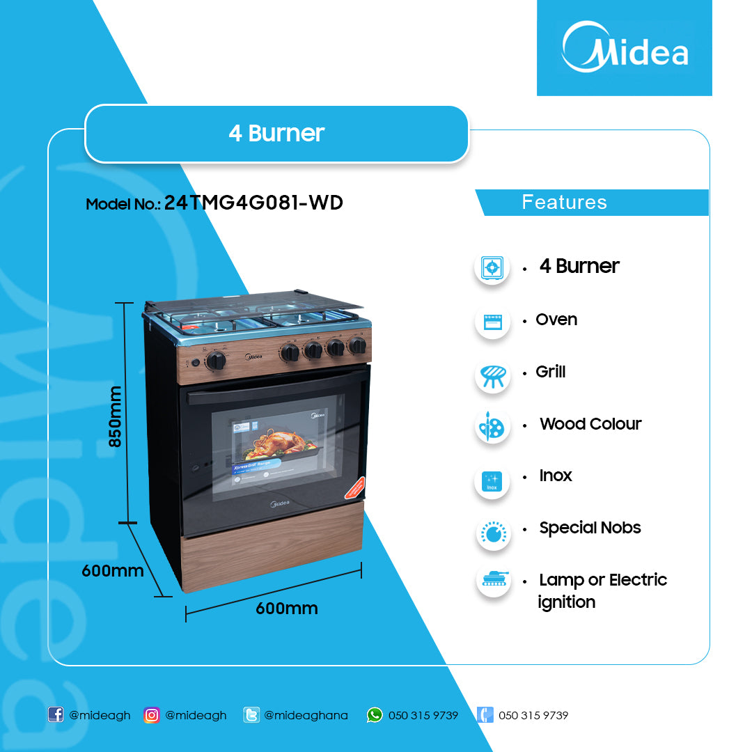 Midea 60 x 60 cm 4-Burner Gas Cooker with Grill – Model 24TMG4G081-WD – view 2