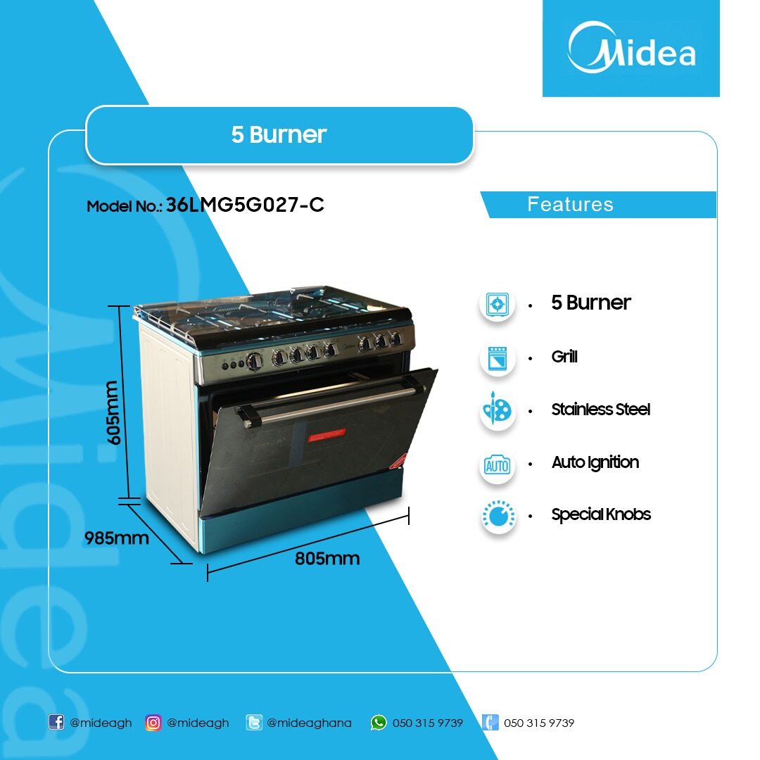 Midea 90 x 60 cm 5-Burner Gas Cooker with Grill – Model 36LMG5G027-C – view 3