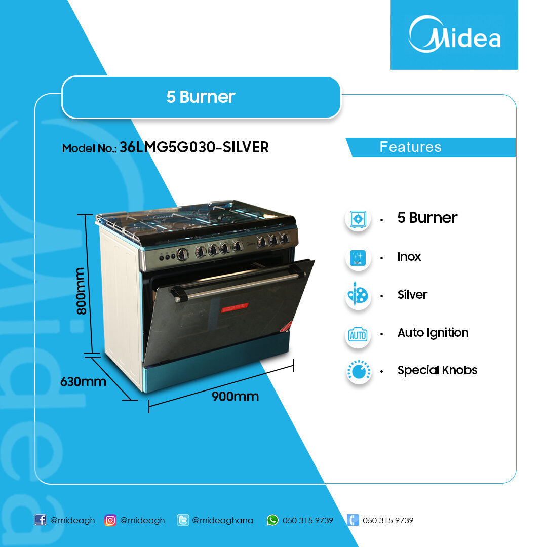 Midea 90 x 60 cm 5-Burner Gas Cooker with 115 L Oven – Model 36LMG5G030