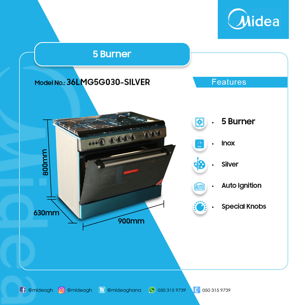 Midea 90 x 60 cm 5-Burner Gas Cooker with 115 L Oven – Model 36LMG5G030 – view 2