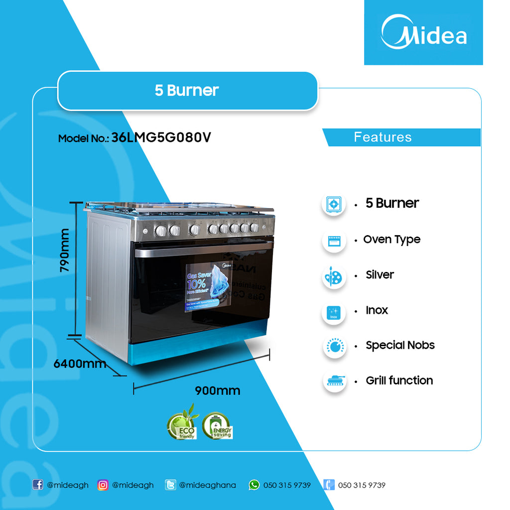 Midea 90 x 60 cm 5-Burner Gas Cooker with Grill – Model 36LMG5G080V