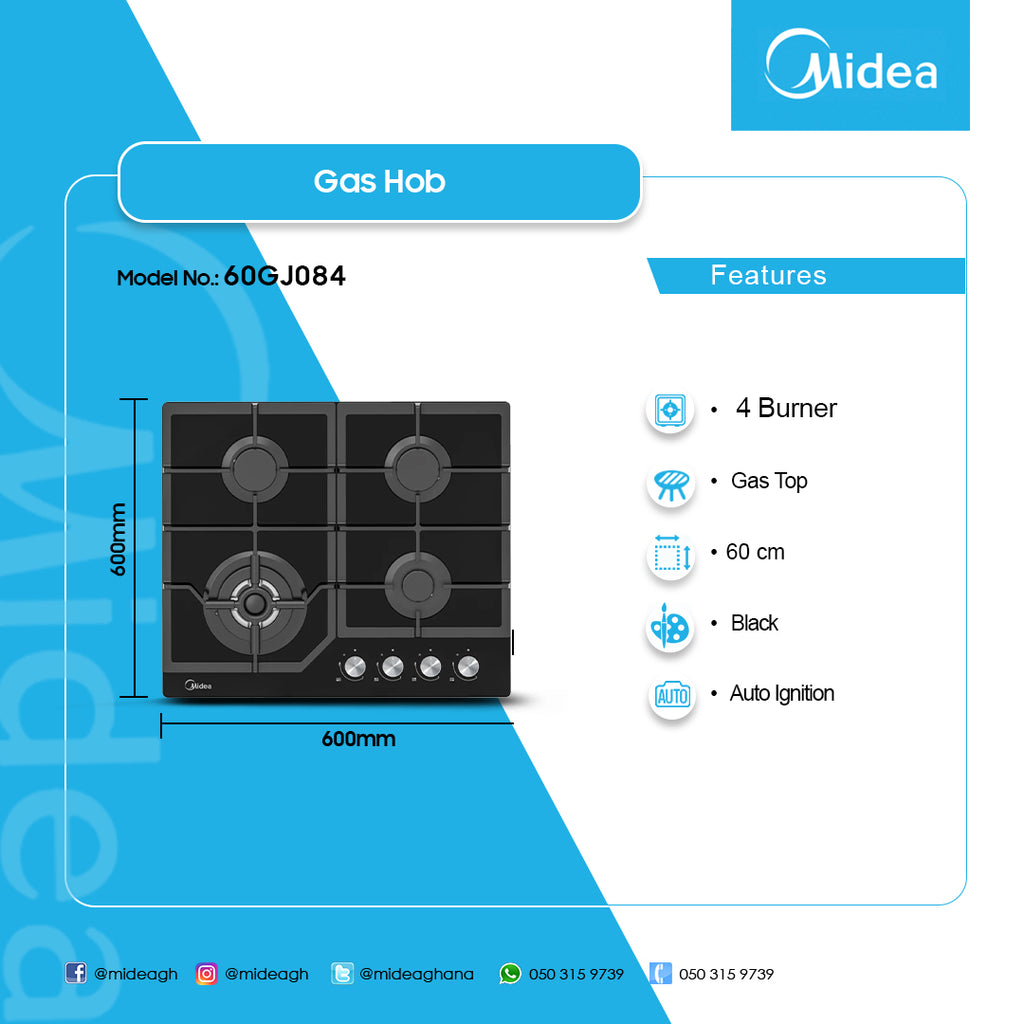 Midea 60 cm 4-Burner Built-In Gas Hob – Model 60GJ084 – view 3