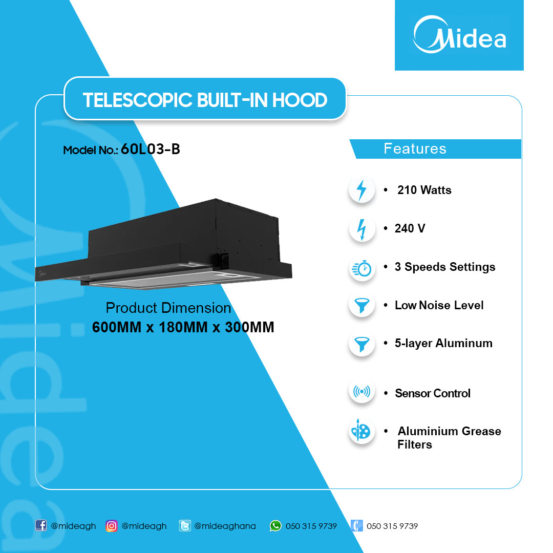 Midea 60 cm Black Built-in Cooker Hood – Model 60L03-B
