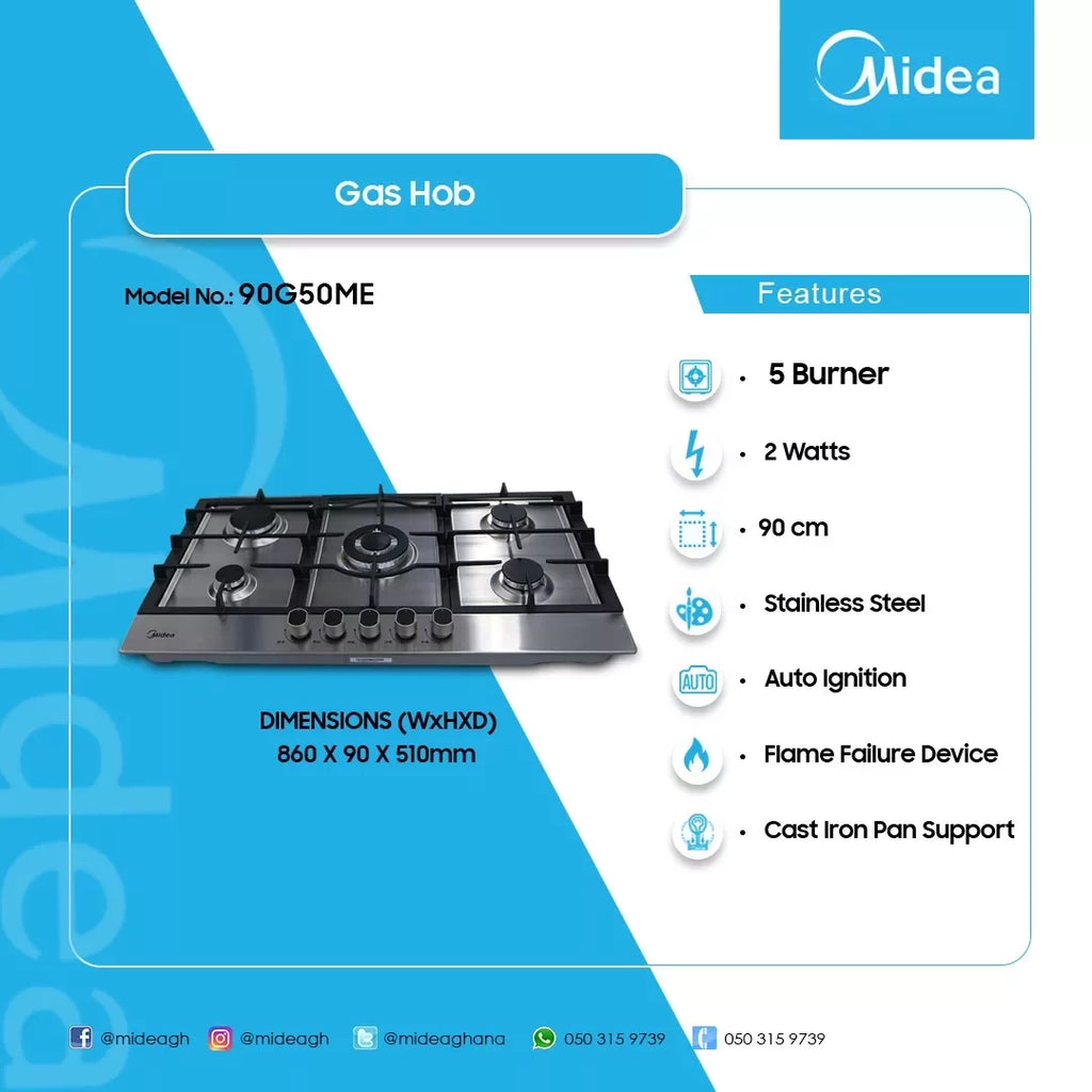 Midea 90 cm 5-Burner Built-in Gas Hob – Model 90G50ME – view 2