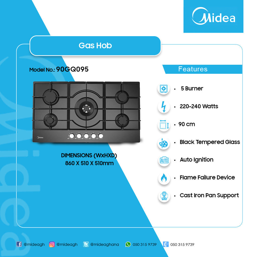 Midea 90 cm 5-Burner Black Glass Built-in Gas Hob – Model 90GQ095
