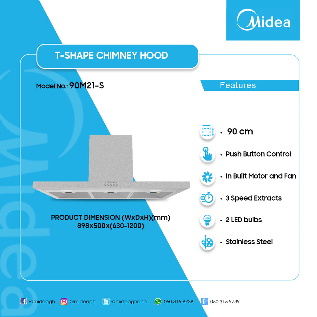 Midea 90 cm T-Shape Chimney Cooker Hood – Model 90M21-S