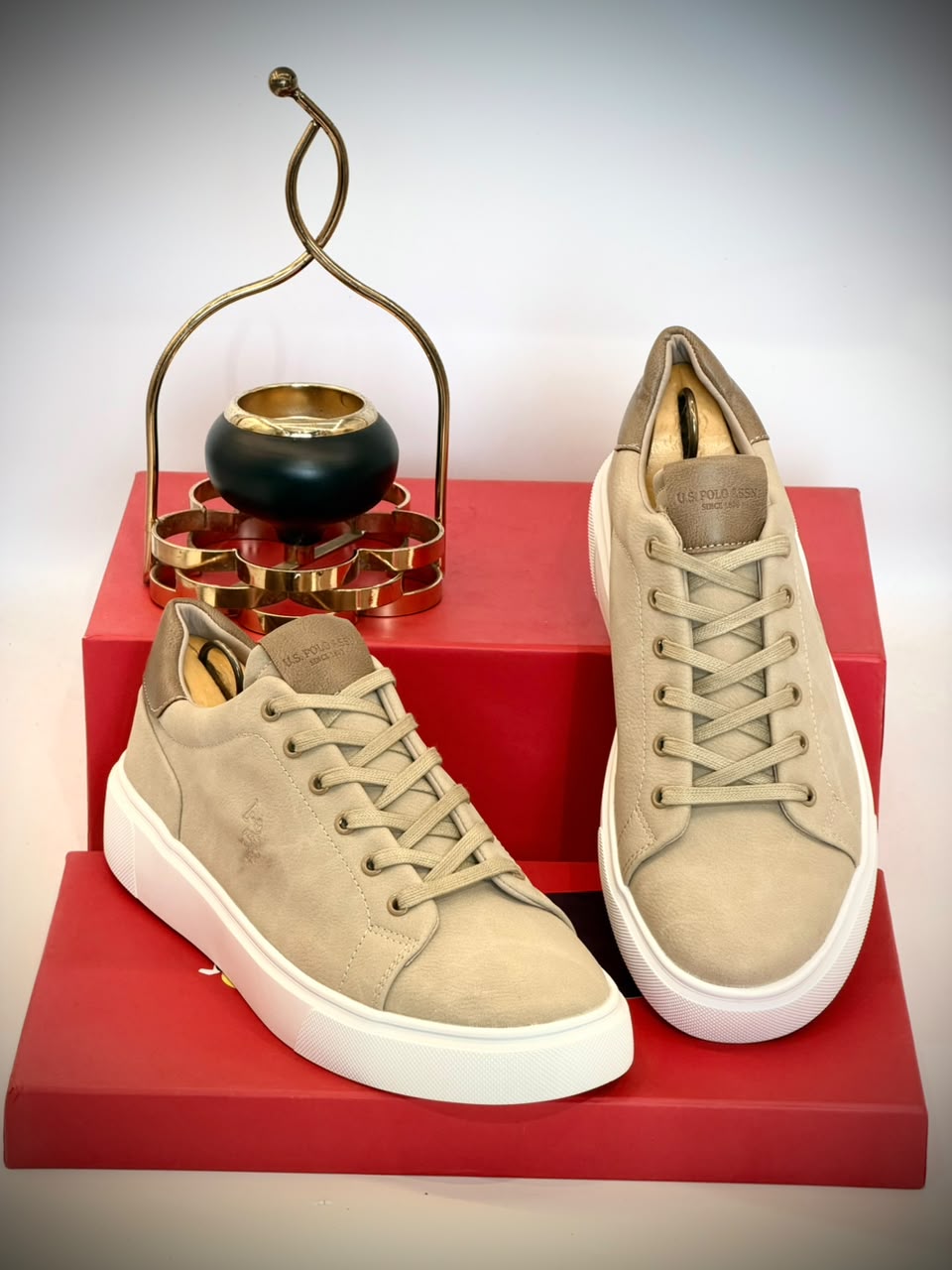 U.S. Polo Assn. Men's Beige Casual Lace-Up Sneakers – Premium Suede Finish, White Sole