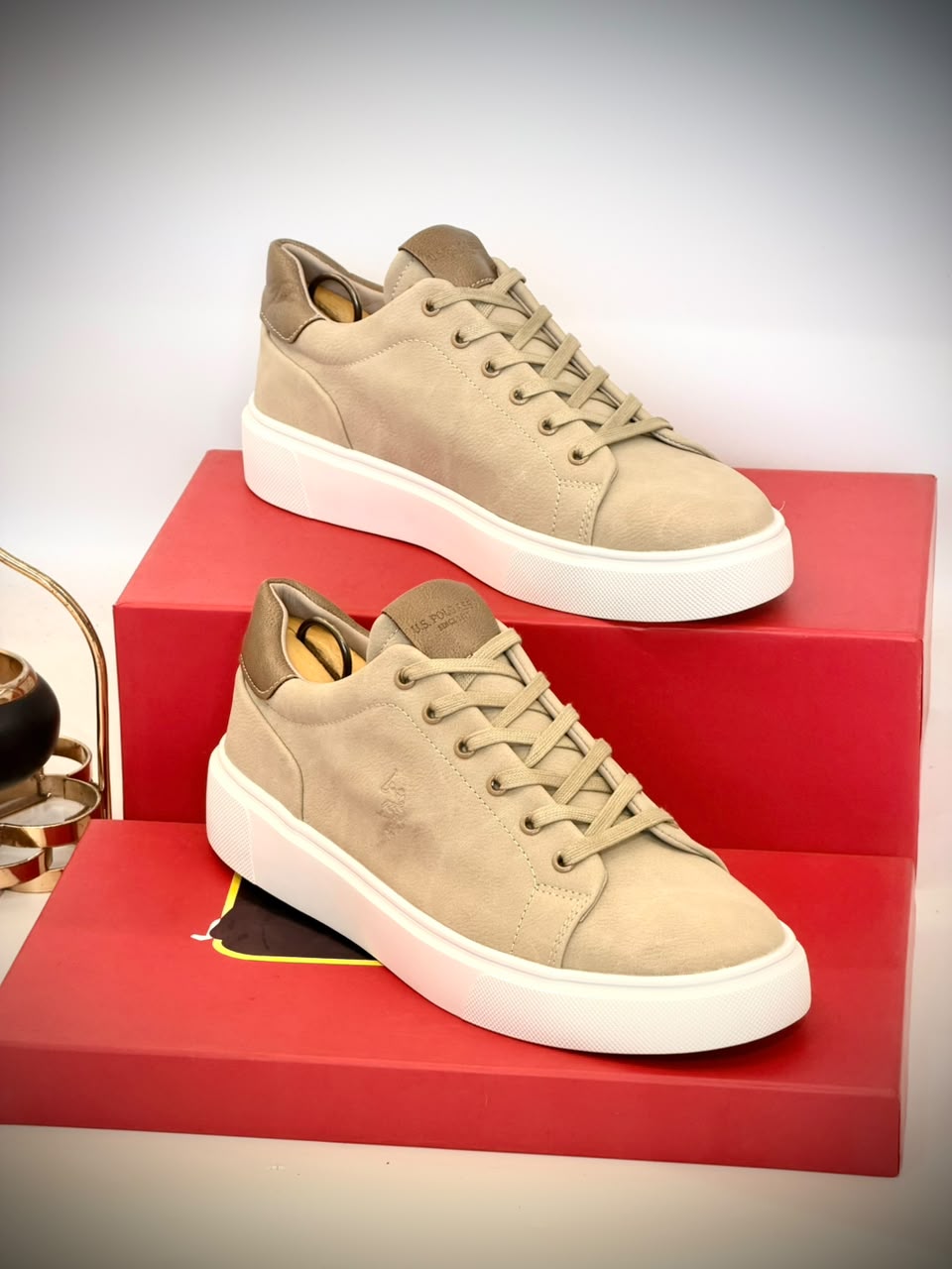 U.S. Polo Assn. Men's Beige Casual Lace-Up Sneakers – Premium Suede Finish, White Sole