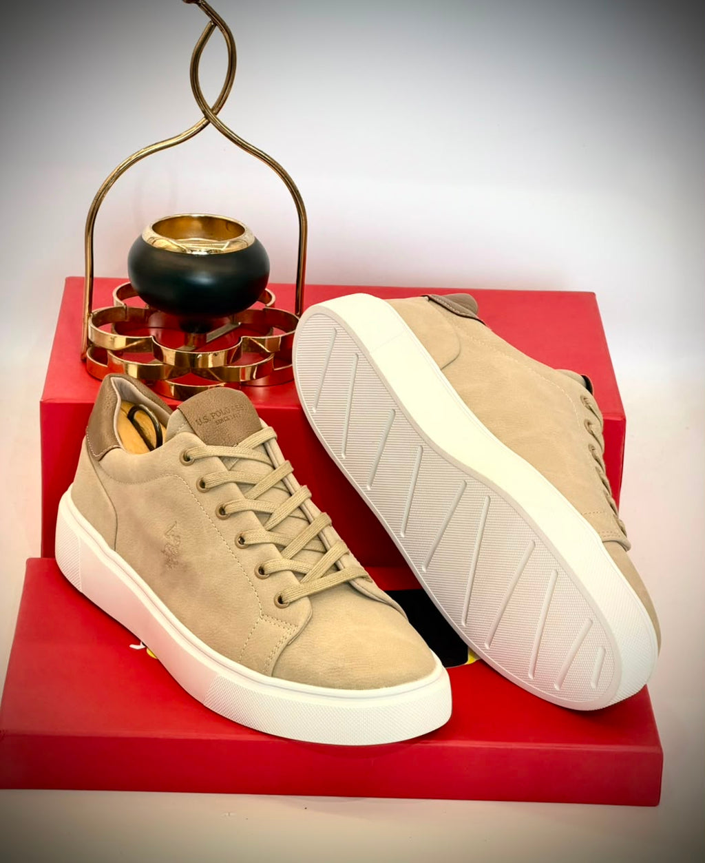 U.S. Polo Assn. Men's Beige Casual Lace-Up Sneakers – Premium Suede Finish, White Sole