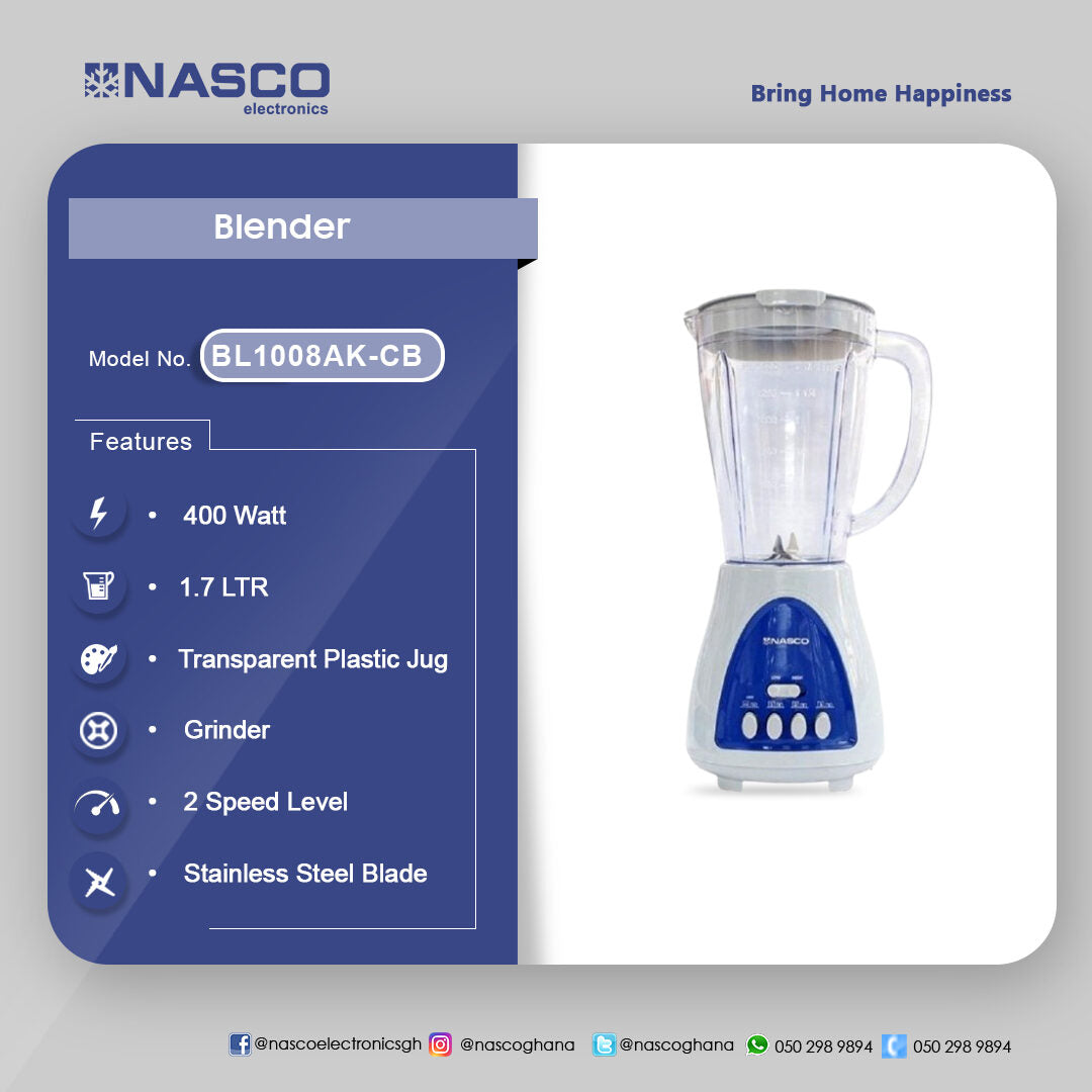 Nasco 400 W 2-in-1 Jug Blender – Model BL1008AK-CB
