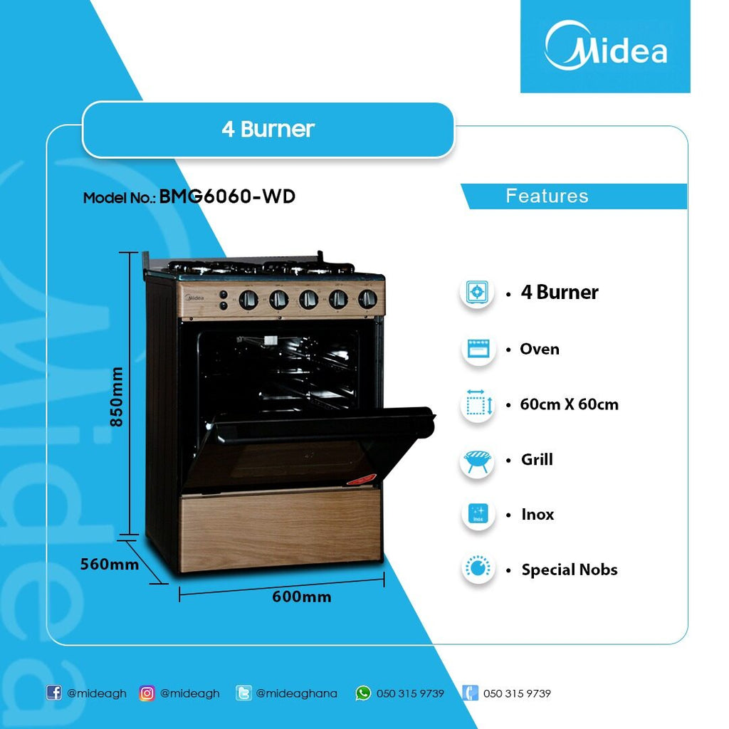 Midea 60 x 60 cm 4-Burner Gas Cooker with Oven and Grill – Model BMG6060-WD