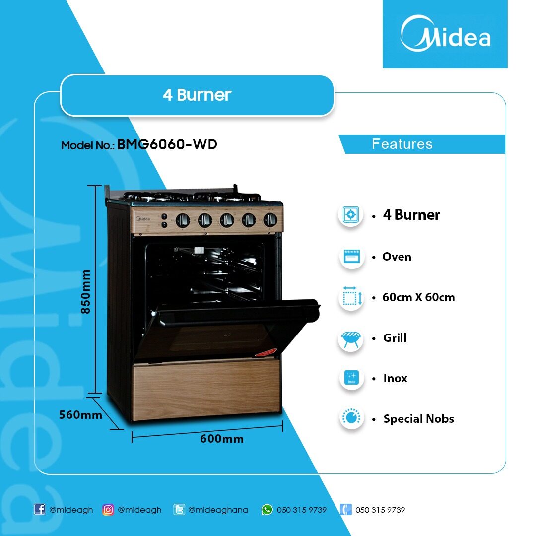 Midea 60 x 60 cm 4-Burner Gas Cooker with Oven and Grill – Model BMG6060-WD