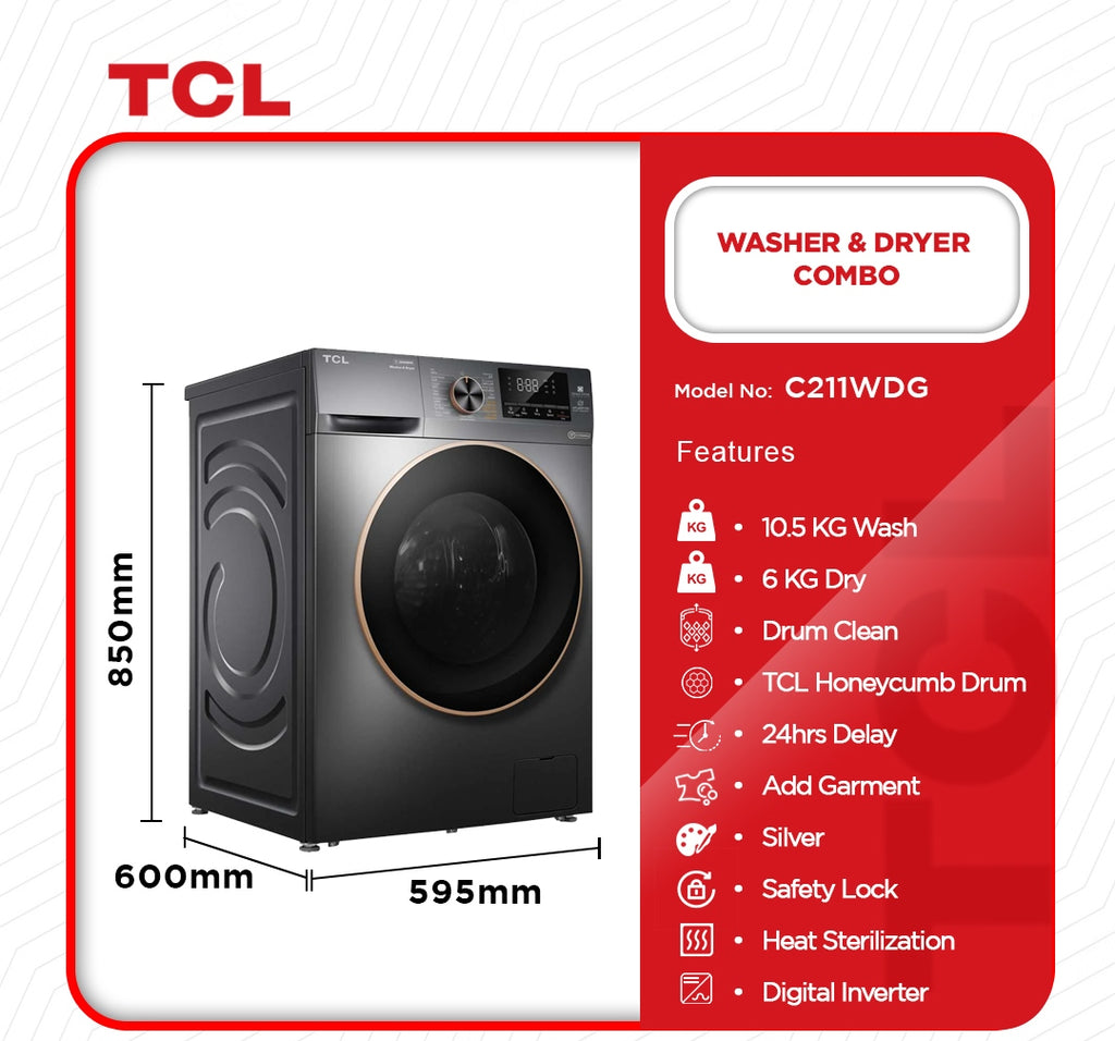TCL 10.5 KG Wash / 6 KG Dry Front Load Washer Dryer Combo – Model C211WDG