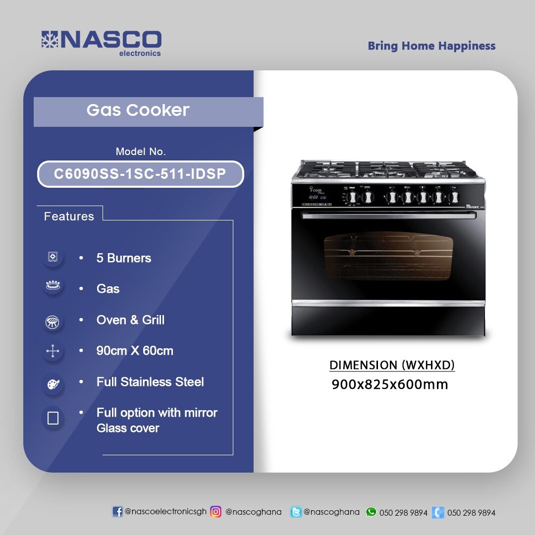 Nasco 60 x 90 cm 5-Burner Gas Cooker with Oven and Grill – Model C6090SS-1SC-511-IDSP
