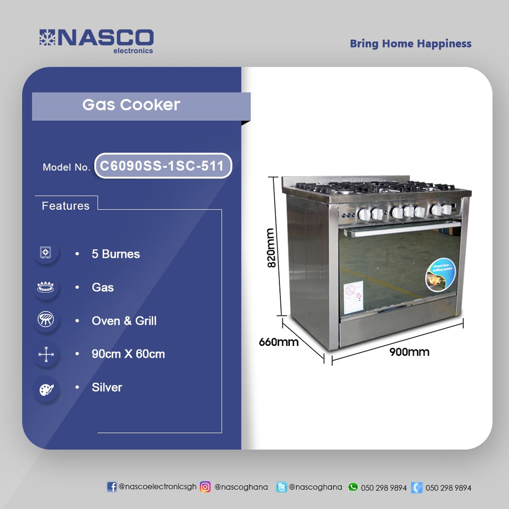 Nasco 60 x 90 cm 5-Burner Gas Cooker with Oven and Grill – Model C6090SS-1SC-511-IDSP – view 4