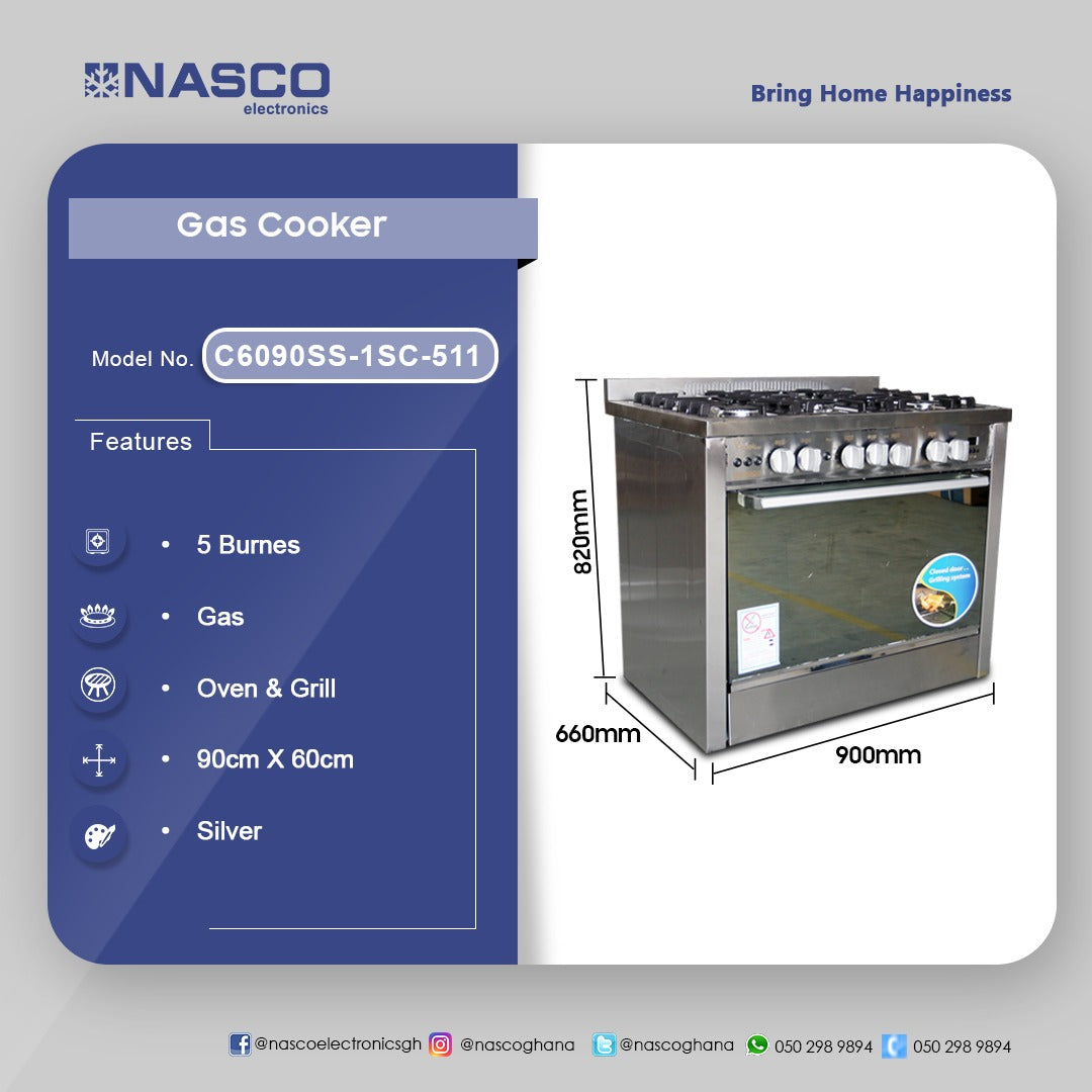 Nasco 60 x 90 cm 5-Burner Gas Cooker with Oven and Grill – Model C6090SS-1SC-511-IDSP – view 4
