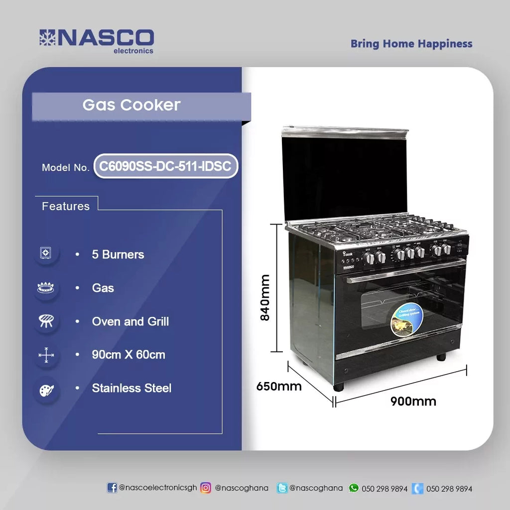 Nasco 60 x 90 cm 5-Burner Gas Cooker with Digital Control – Model C6090SS-DC-511-IDSC