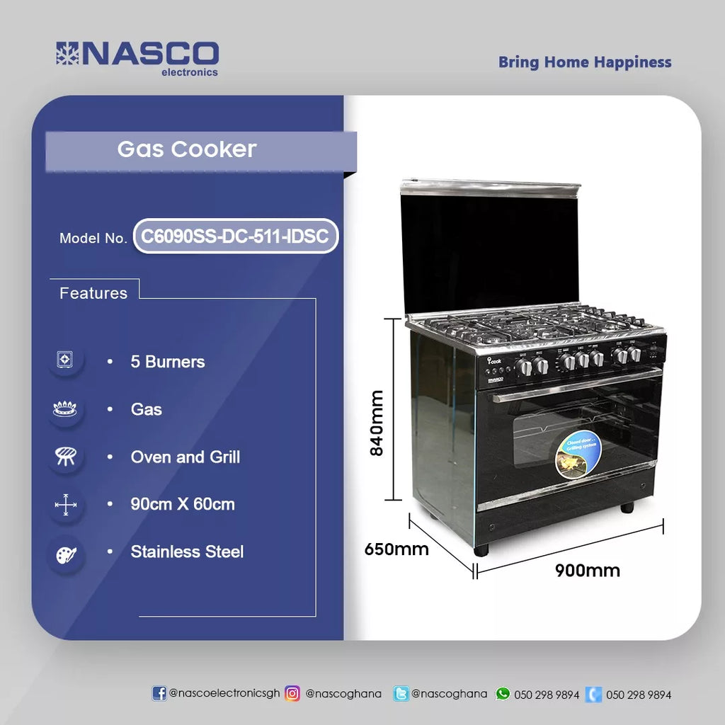 Nasco 60 x 90 cm 5-Burner Gas Cooker with Digital Control – Model C6090SS-DC-511-IDSC – view 2