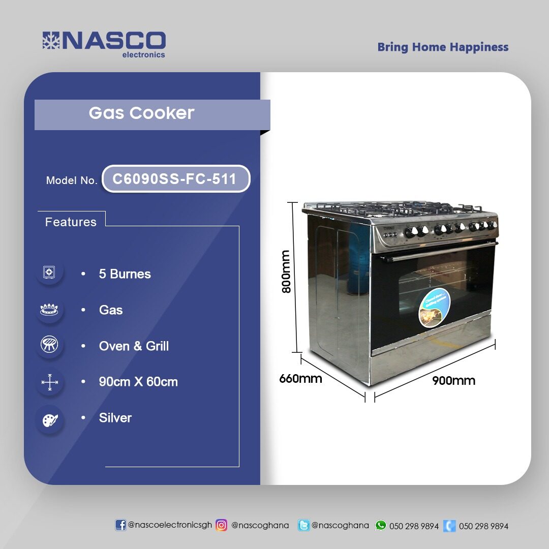 Nasco 60 x 90 cm 5-Burner Gas Cooker with Oven and Grill – Model C6090SS-FC-511 – view 3