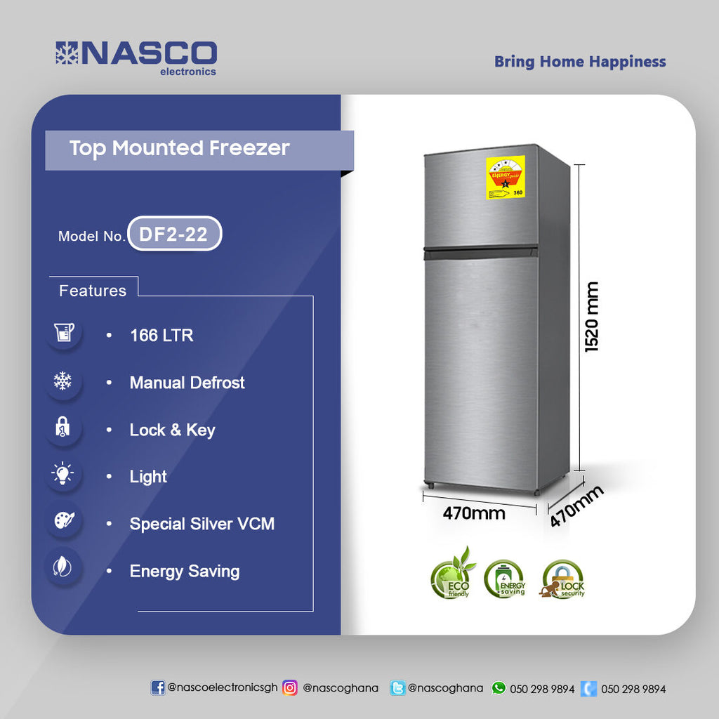 Nasco 166 L Double Door Top Freezer Refrigerator – Model DF2-22