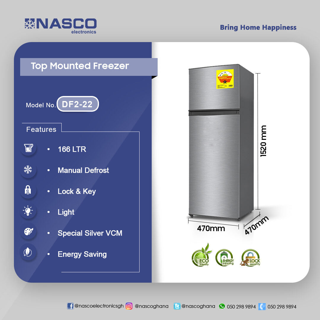 Nasco 166 L Double Door Top Freezer Refrigerator – Model DF2-22