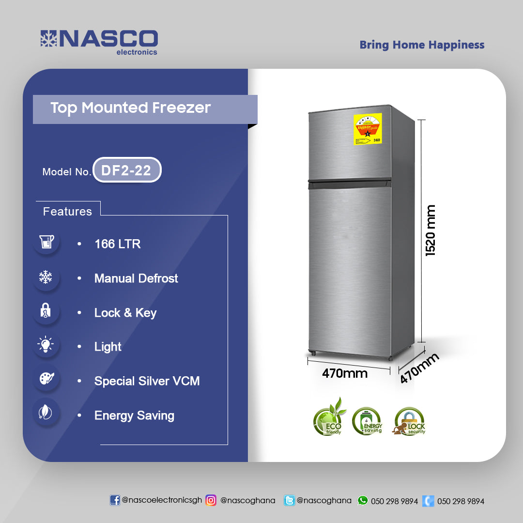 Nasco 166 L Double Door Top Freezer Refrigerator – Model DF2-22 – view 2