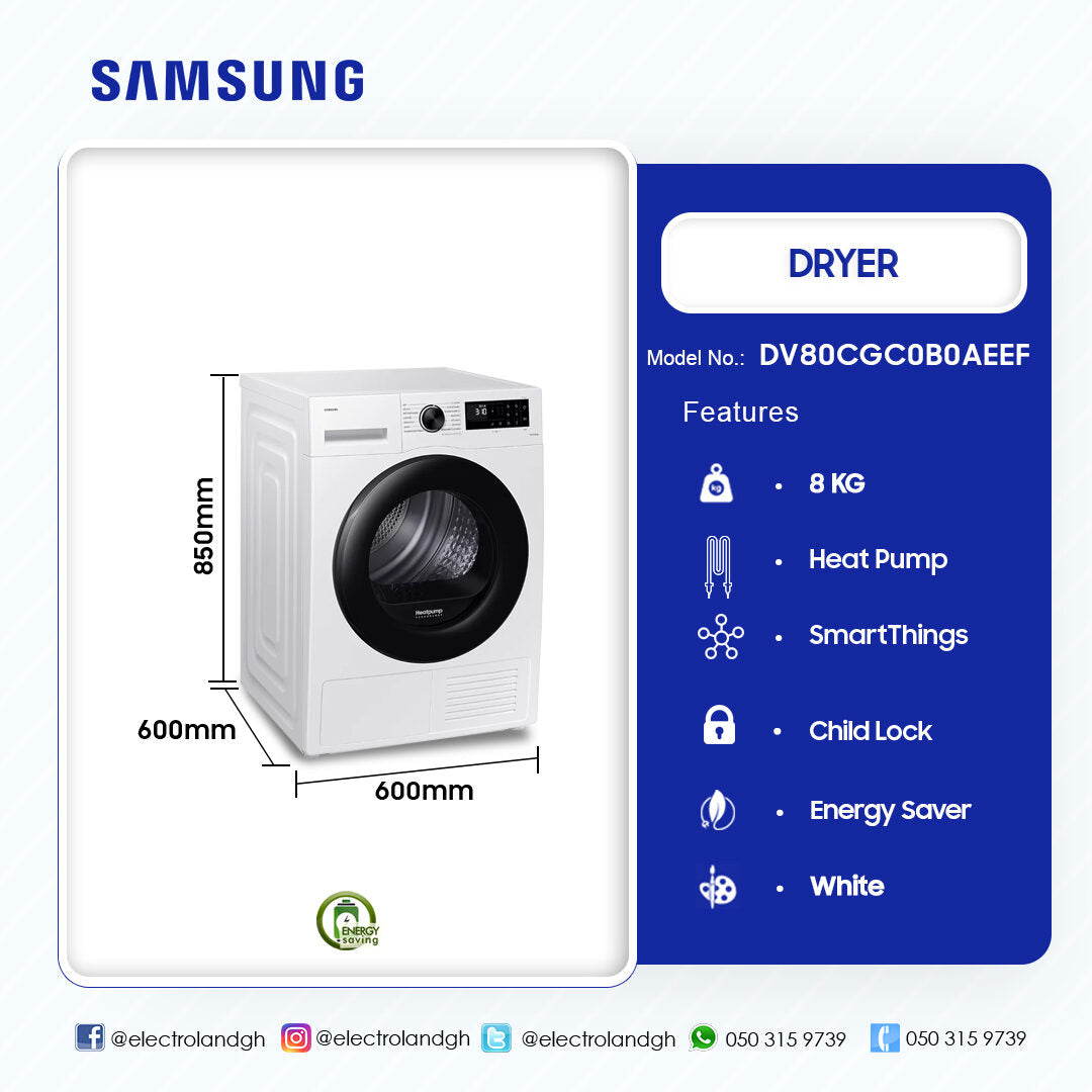 Samsung 8 kg Heat Pump Tumble Dryer – Model DV80CGC0B0AEEF