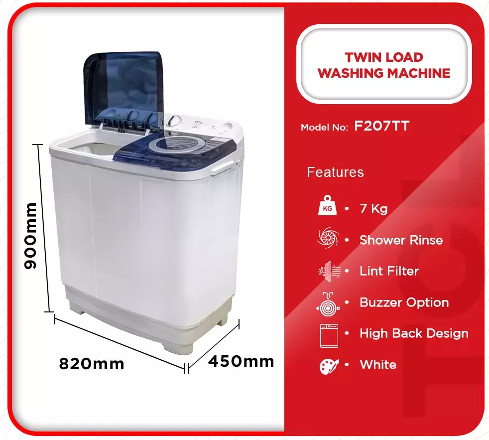 TCL 7 KG Twin Tub Top Load Washing Machine – Model F207TT – view 2