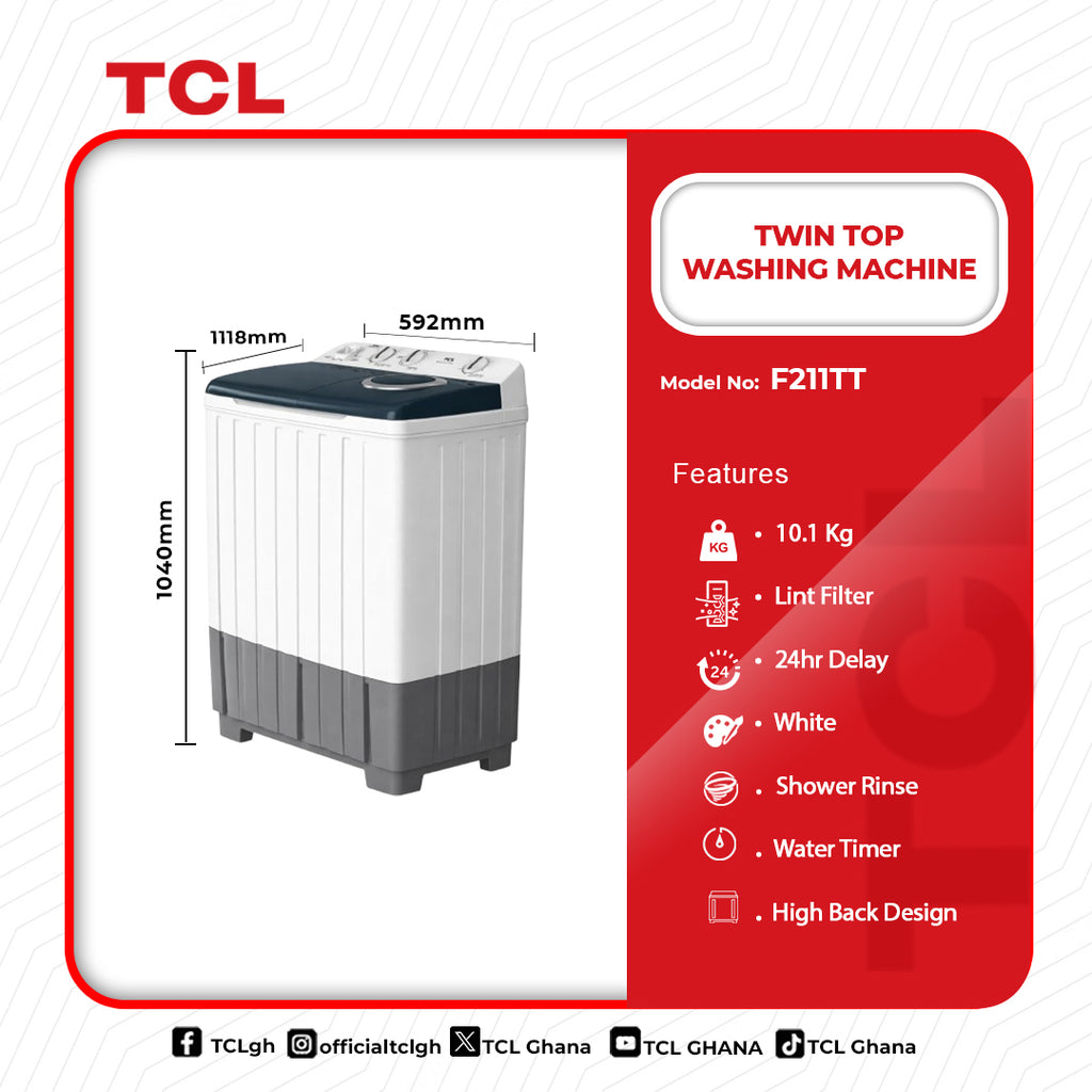 TCL 10.1 KG Twin Tub Top Load Washing Machine – Model F211TT – view 2