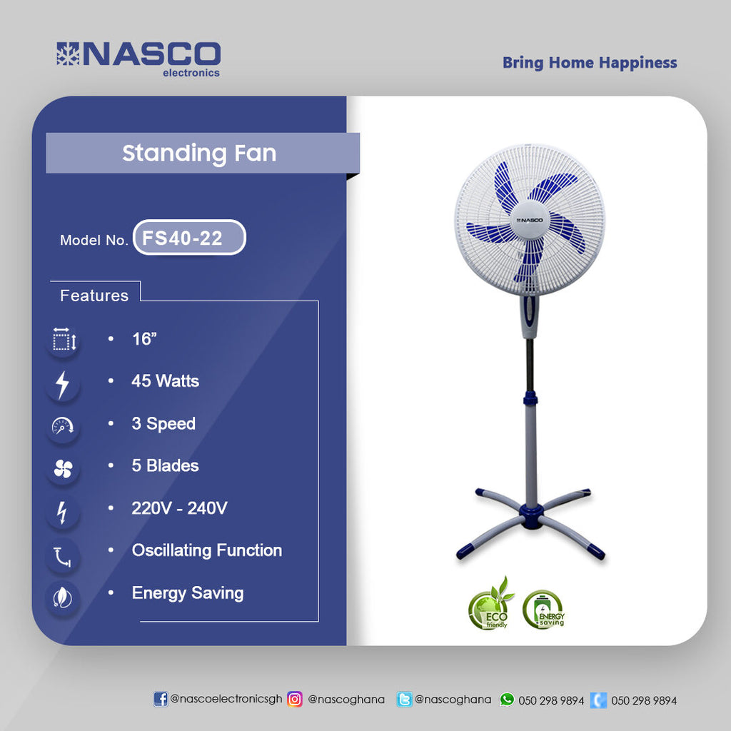 Nasco 16" Oscillating Standing Fan – Model FS40-22