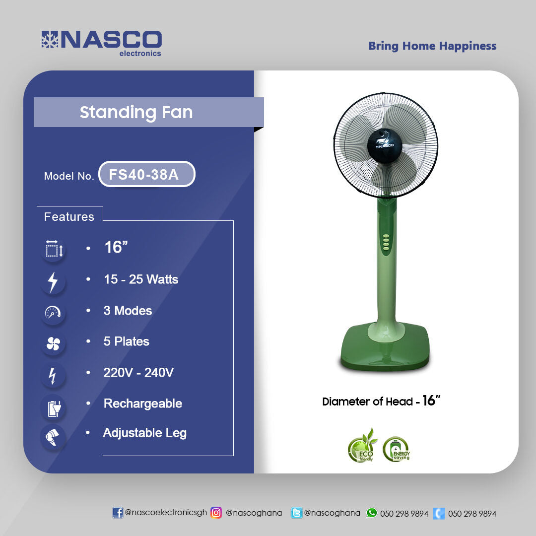 Nasco 16" Rechargeable Standing Fan – Model FS40-38A