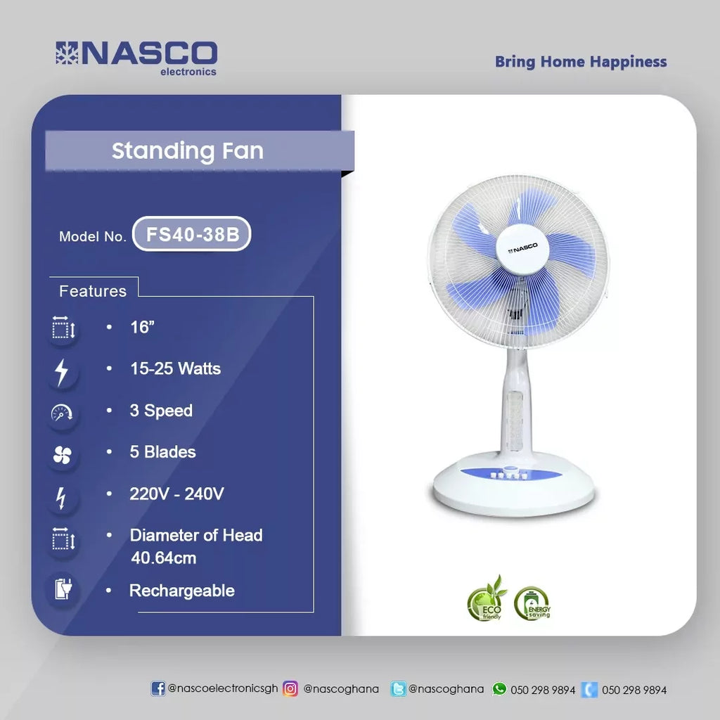Nasco 16" Rechargeable Standing Fan – Model FS40-38B