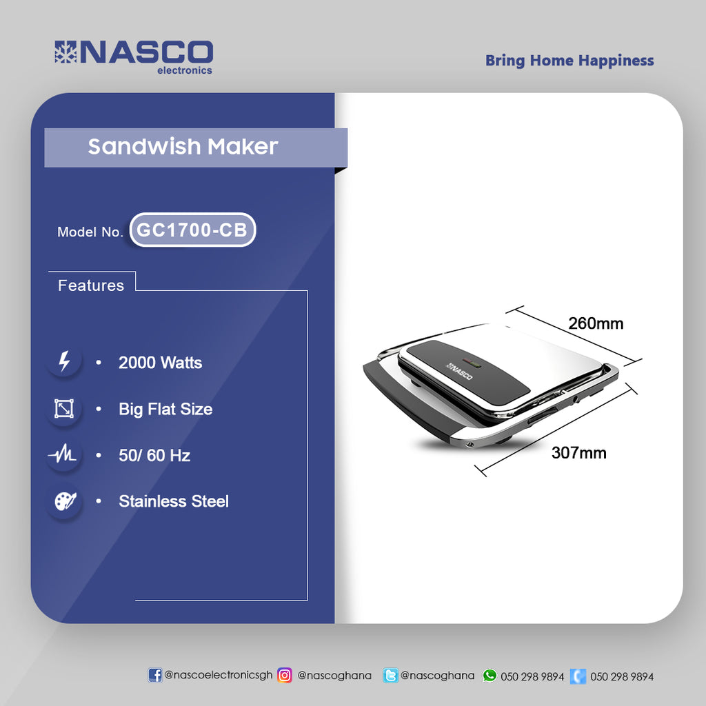 Nasco 2000 W Stainless Steel Sandwich Maker and Grill – Model GC1700-CB