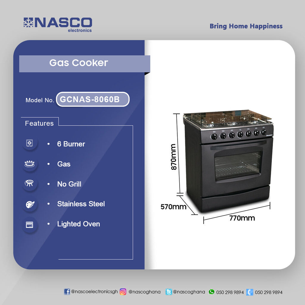 Nasco 80 x 60 cm 6-Burner Gas Cooker with Oven – Model GCNAS-8060B