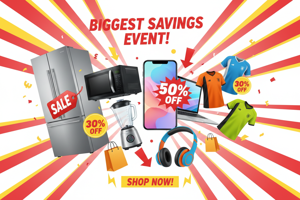 generate an image of reduction sales on products(appliances, electronics, jerseys)