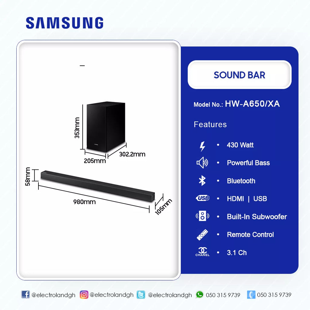 Samsung 430 W 3.1 Channel Soundbar with Wireless Subwoofer – Model HW-A650/XA – view 2