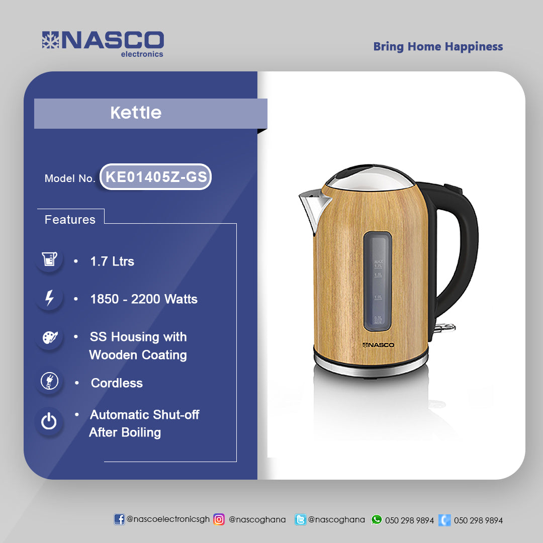 Nasco 1.7 L 2200 W Cordless Electric Kettle – Model KE01405Z-GS