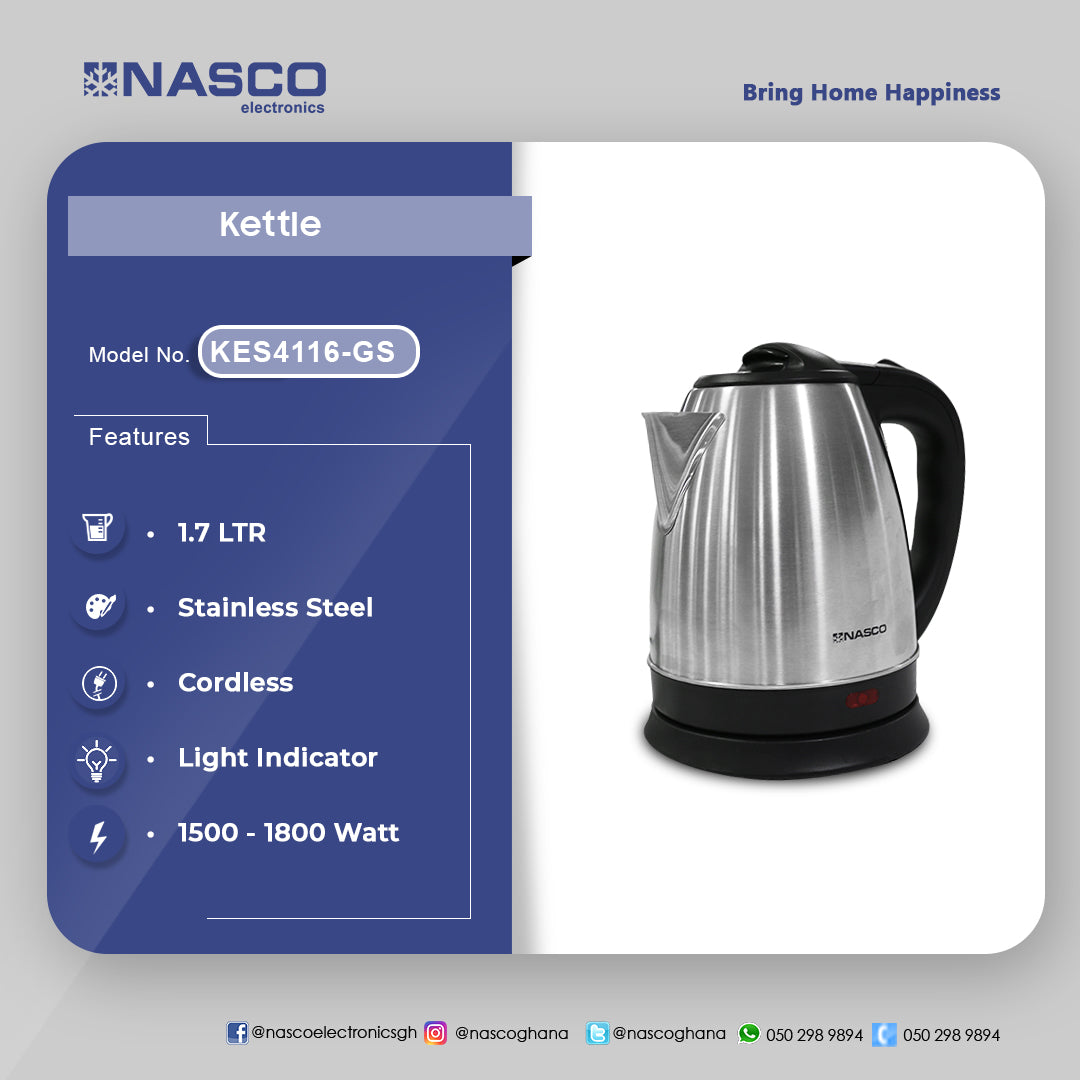 Nasco 1.7 L Stainless Steel Electric Kettle – Model KES4116-GS
