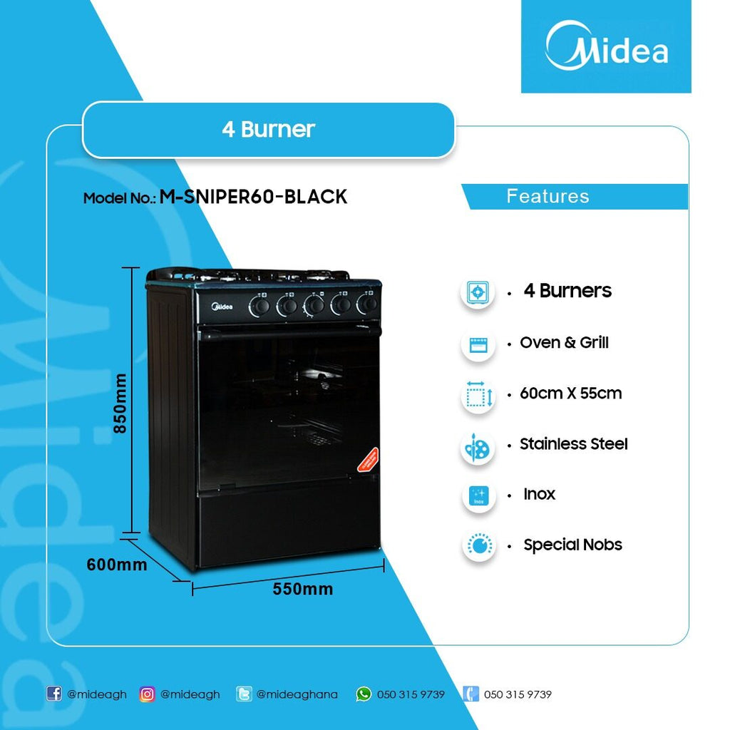Midea 60 x 55 cm 4-Burner Gas Cooker with Oven and Grill – Model M-SNIPER60-BLACK
