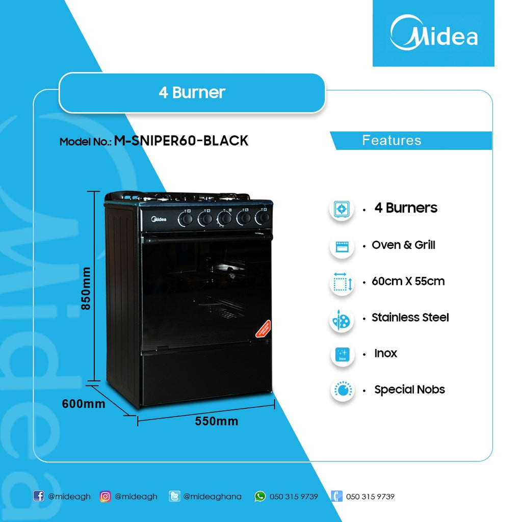 Midea 60 x 55 cm 4-Burner Gas Cooker with Oven and Grill – Model M-SNIPER60-BLACK – view 2