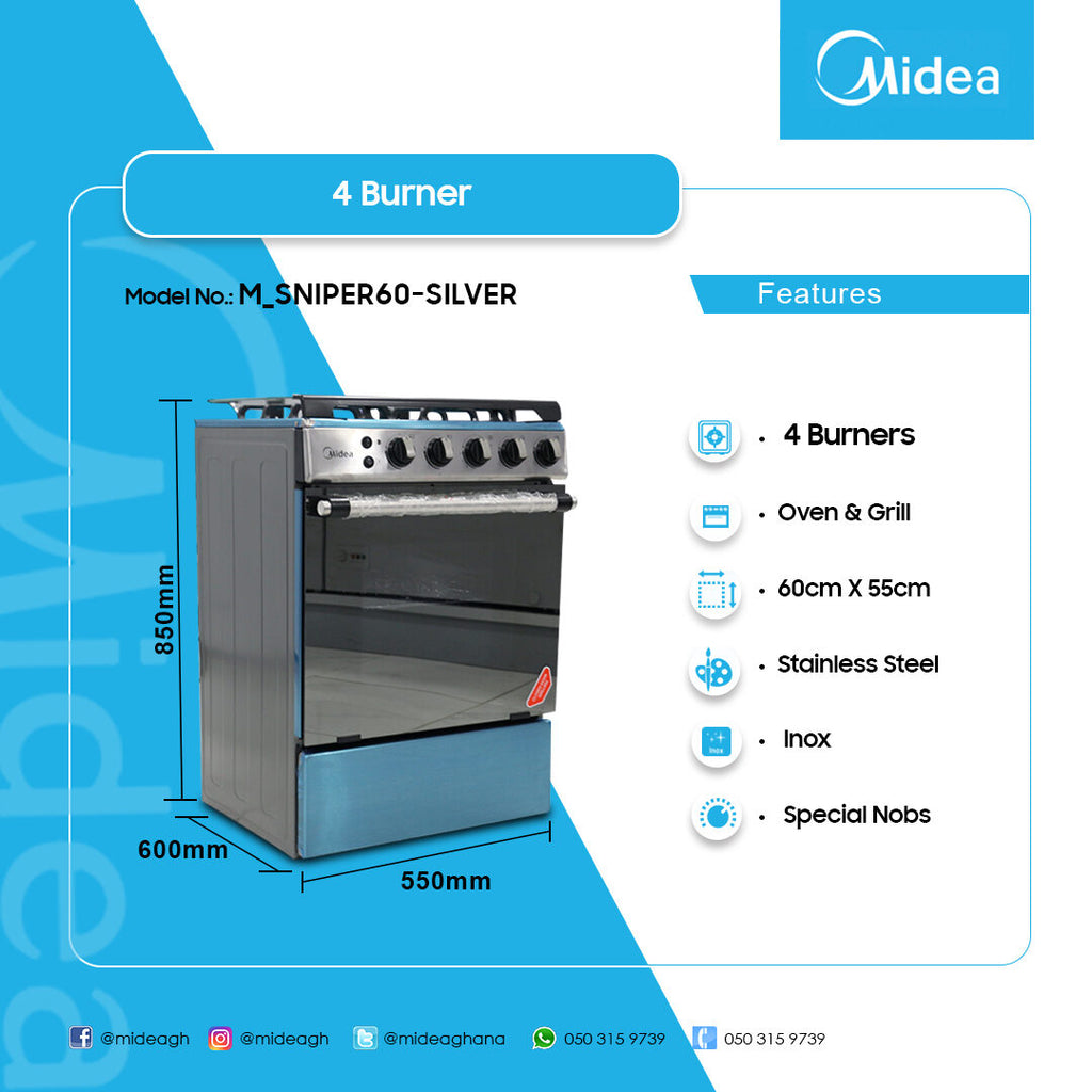 Midea 60 x 55 cm 4-Burner Gas Cooker with Grill – Model M_SNIPER60-SILVER