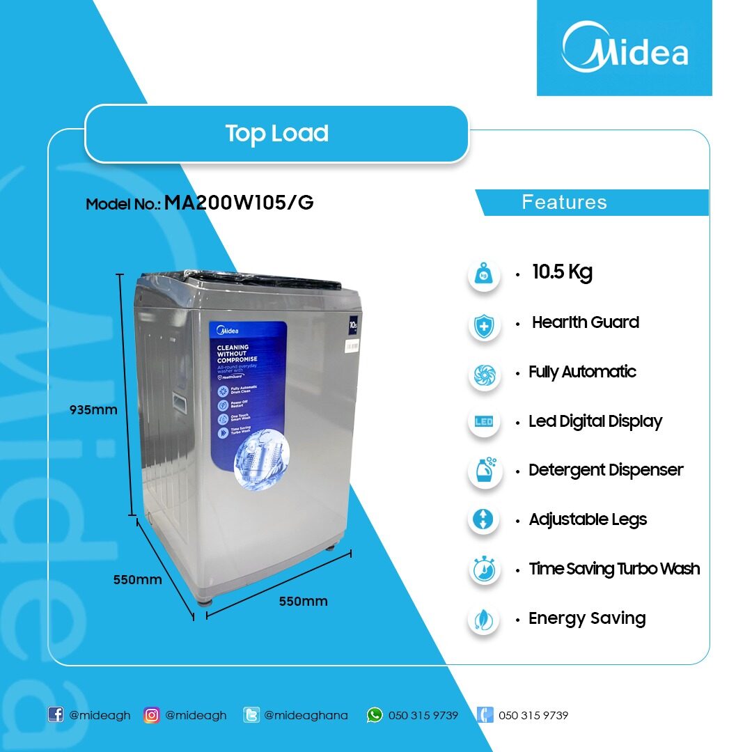 Midea 10.5 kg Fully Automatic Top Load Washing Machine – Model MA200W105/G