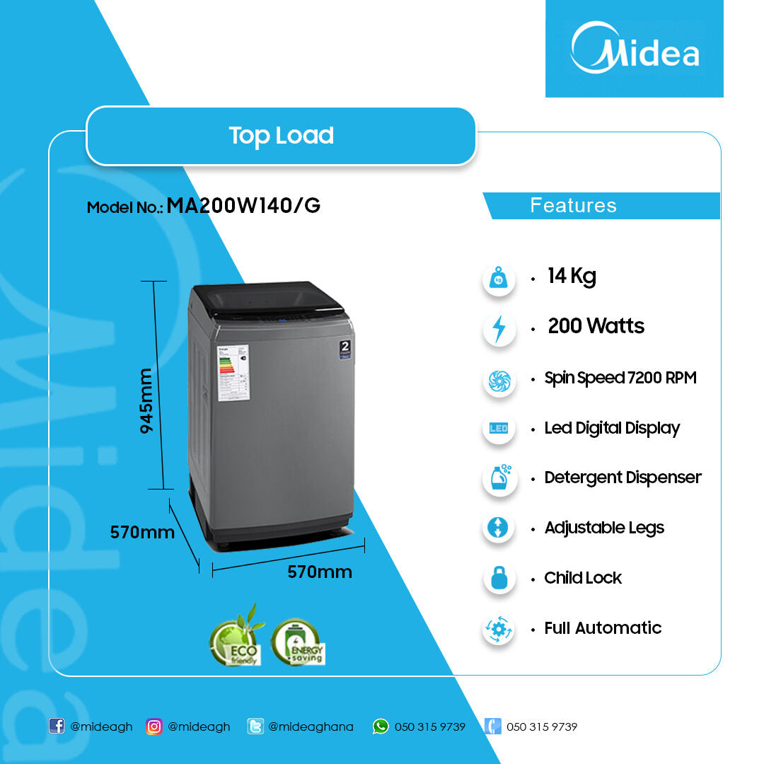 Midea 14 kg Fully Automatic Top Load Washing Machine – Model MA200W140/G