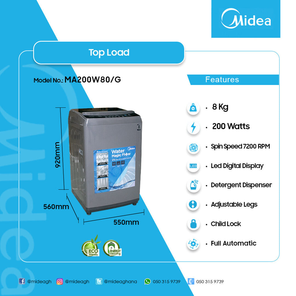 Midea 8 kg Fully Automatic Top Load Washing Machine – Model MA200W80/G – view 4