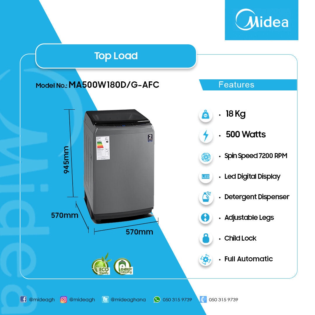 Midea 18 kg Top Load Washing Machine – Model MA500W180D/G-AFC