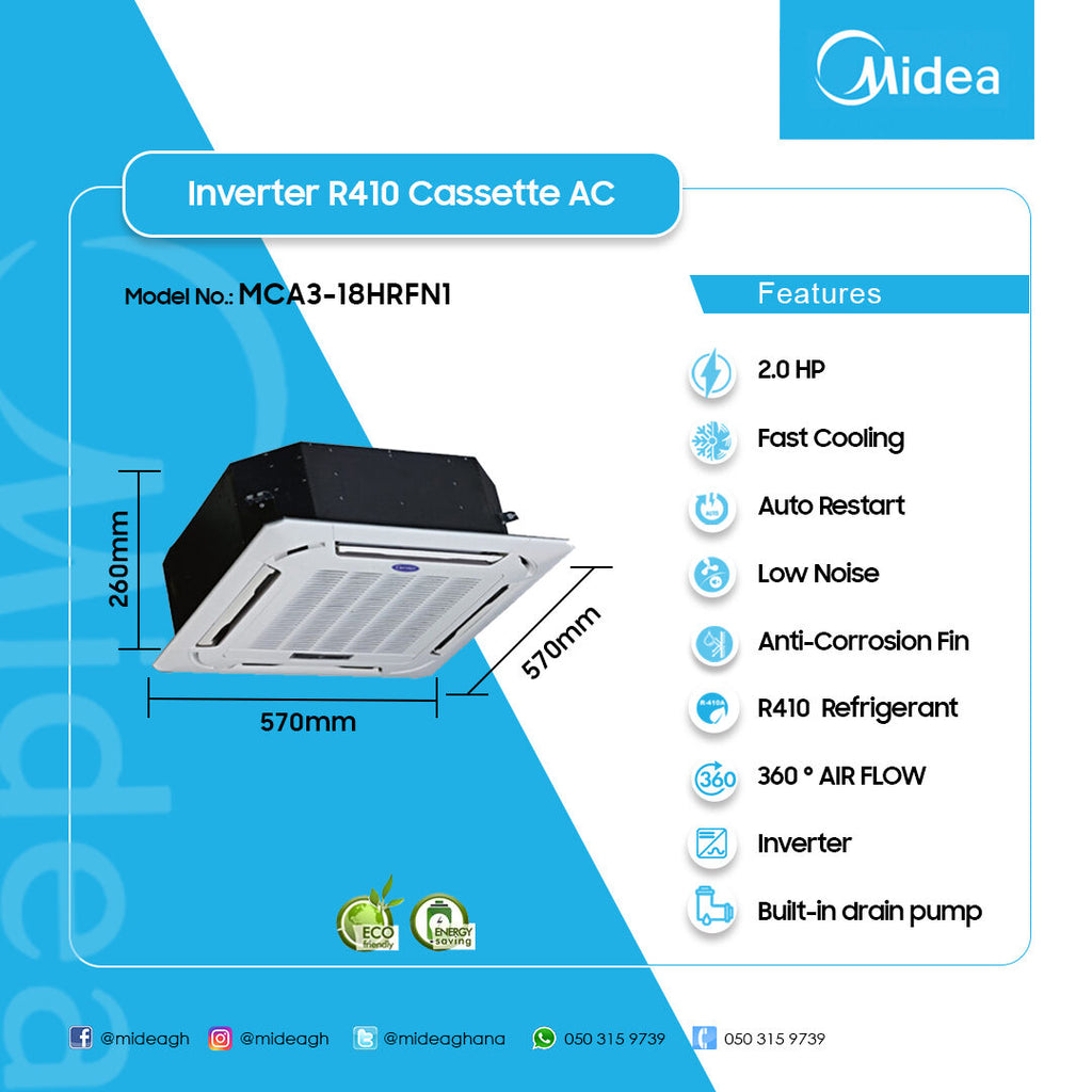 Midea 2.0 HP Ceiling Cassette Air Conditioner (R410A, Cooling & Heating) – Model MCA3-18HRFN1
