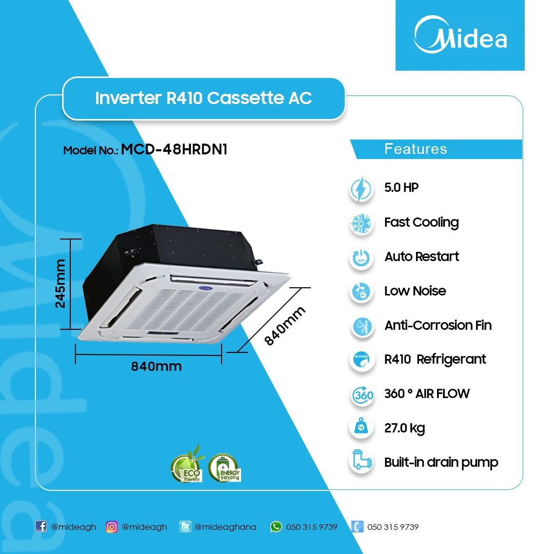 Midea 5.0 HP Ceiling Cassette Air Conditioner (Cooling & Heating) – Model MCD-48HRDN1